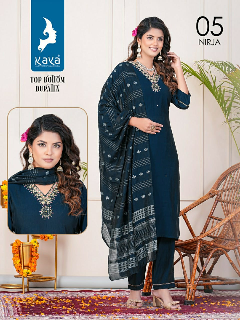 Nirja By Kaya Straight Cut V Neck Roman Silk Kurtis With Bottom Dupatta Wholesale Price In Surat 